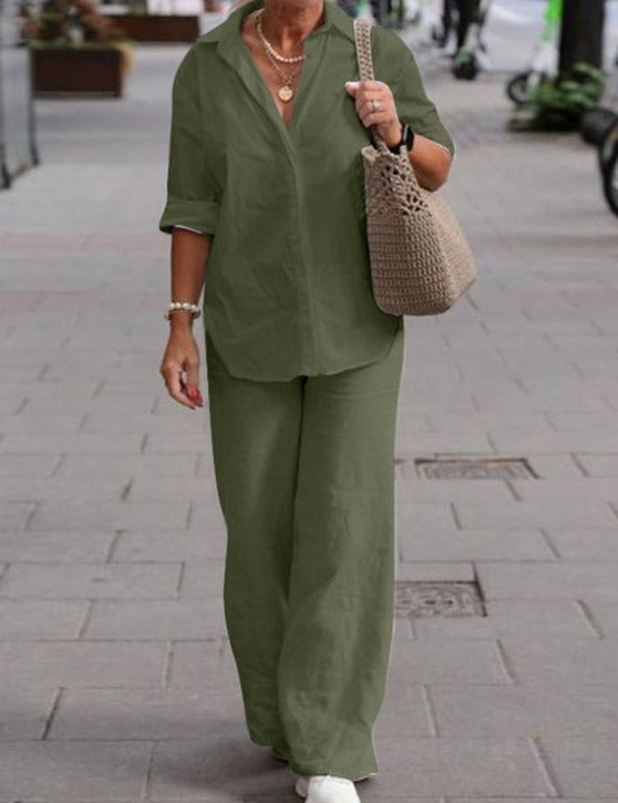Livia - Elegantissimo Completo in Cotone: Camicia e Pantaloni Abbinati!