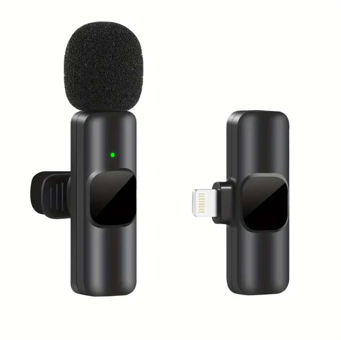 Microfono wireless nero con connettore Lightning, ideale per iPhone, registrazione audio di alta qualità, compatto e portatile, accessori smartphone.