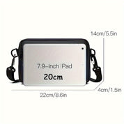 Borsa a tracolla nera per tablet 7.9 pollici, dimensioni 22x14x4 cm, con cinghia regolabile, compatibile con iPad mini, design compatto e leggero.