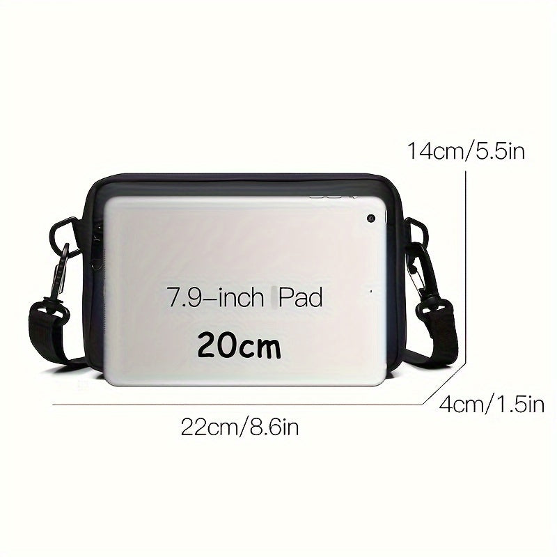 Borsa a tracolla nera per tablet 7.9 pollici, dimensioni 22x14x4 cm, con cinghia regolabile, compatibile con iPad mini, design compatto e leggero.