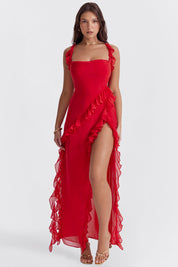 Elegantissimo Vestito Lungo Giorgia con Volant e Sottile Apertura