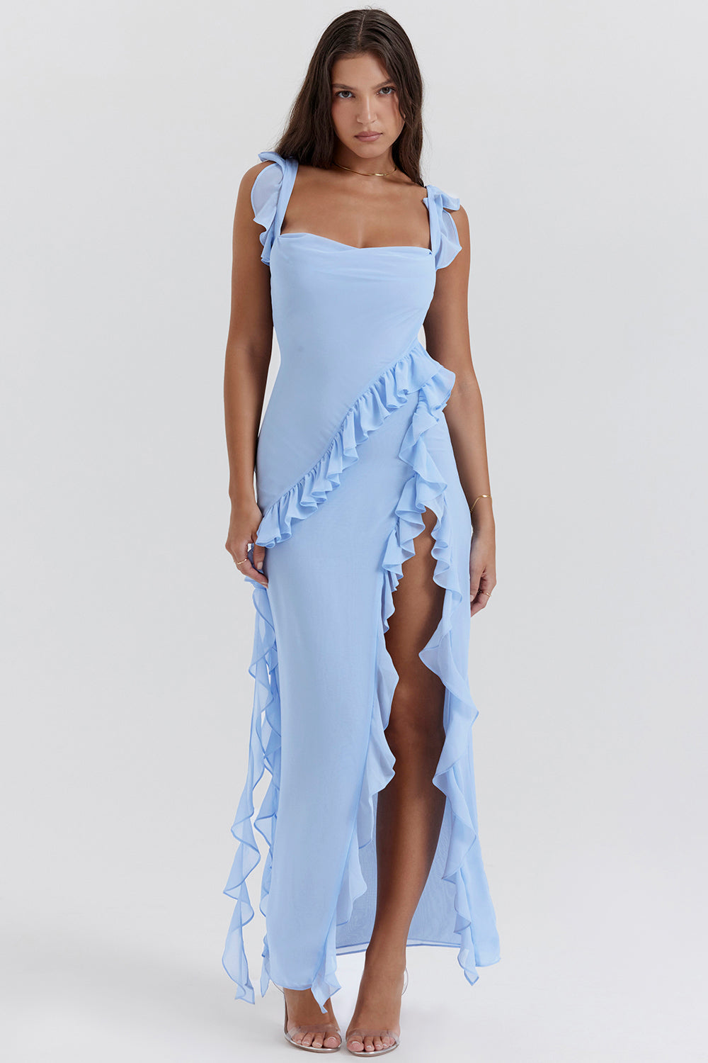 Elegantissimo Vestito Lungo Giorgia con Volant e Sottile Apertura
