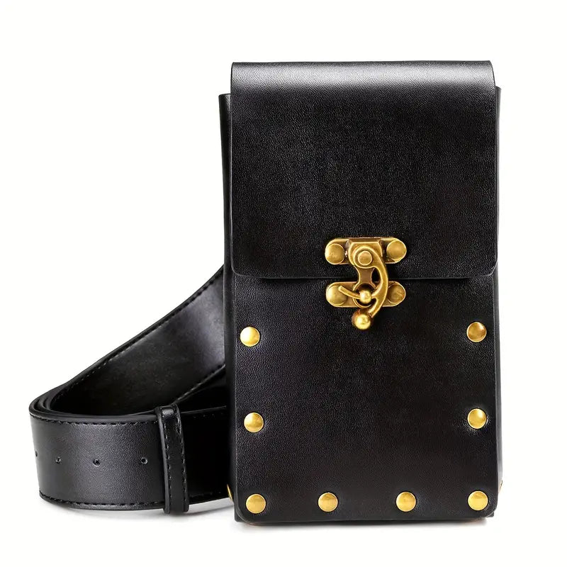 Marsupio in pelle nera con borchie dorate, chiusura a scatto, design elegante e compatto, ideale per moda uomo e donna, accessorio di tendenza.