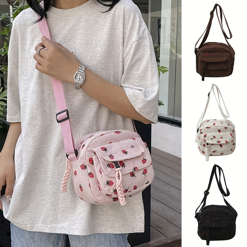 Borsa a tracolla rosa con motivo fragole, indossata da una persona. Disponibile in vari colori: marrone, bianco, nero. Accessorio moda casual.