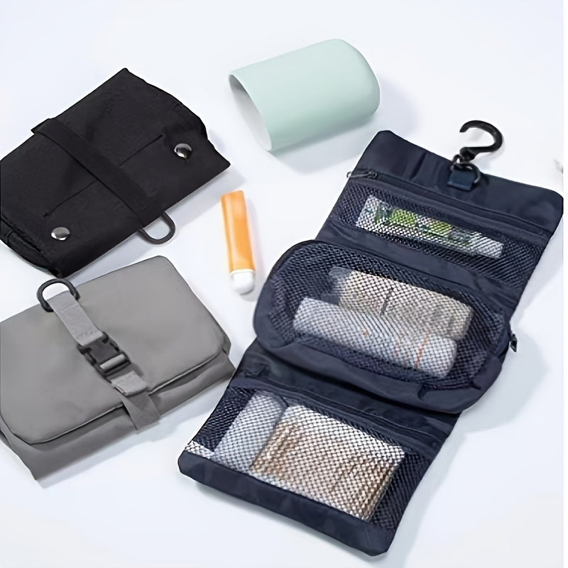 Borsa da viaggio appesa con gancio, scomparti a rete, accessori da bagno, organizer compatto, ideale per cosmetici e articoli da toeletta.