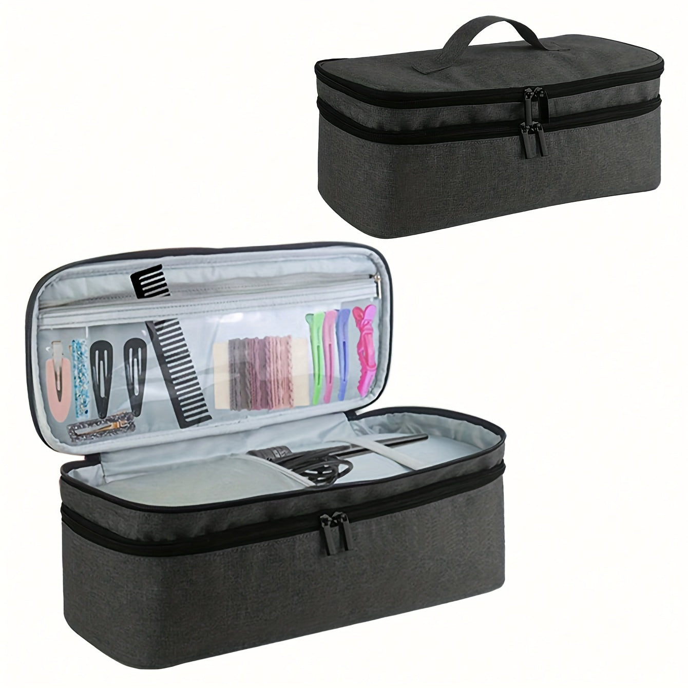 Borsa organizer da viaggio grigia con scomparti trasparenti, ideale per accessori capelli e cosmetici. Design compatto, doppia cerniera, manico superiore.