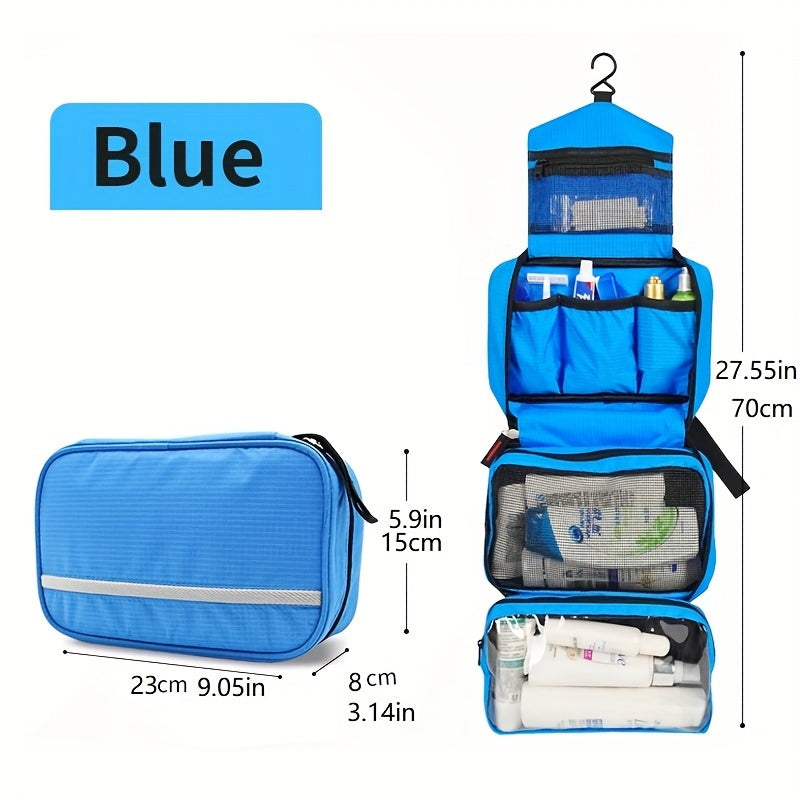 Borsa da viaggio blu con gancio, tasche multiple, dimensioni 23x15x8 cm, ideale per articoli da toeletta, organizzatore compatto e impermeabile.