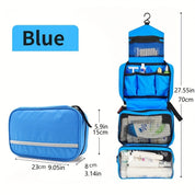 Borsa da viaggio blu con gancio, tasche multiple, dimensioni 23x15x8 cm, ideale per articoli da toeletta, organizzatore compatto e impermeabile.