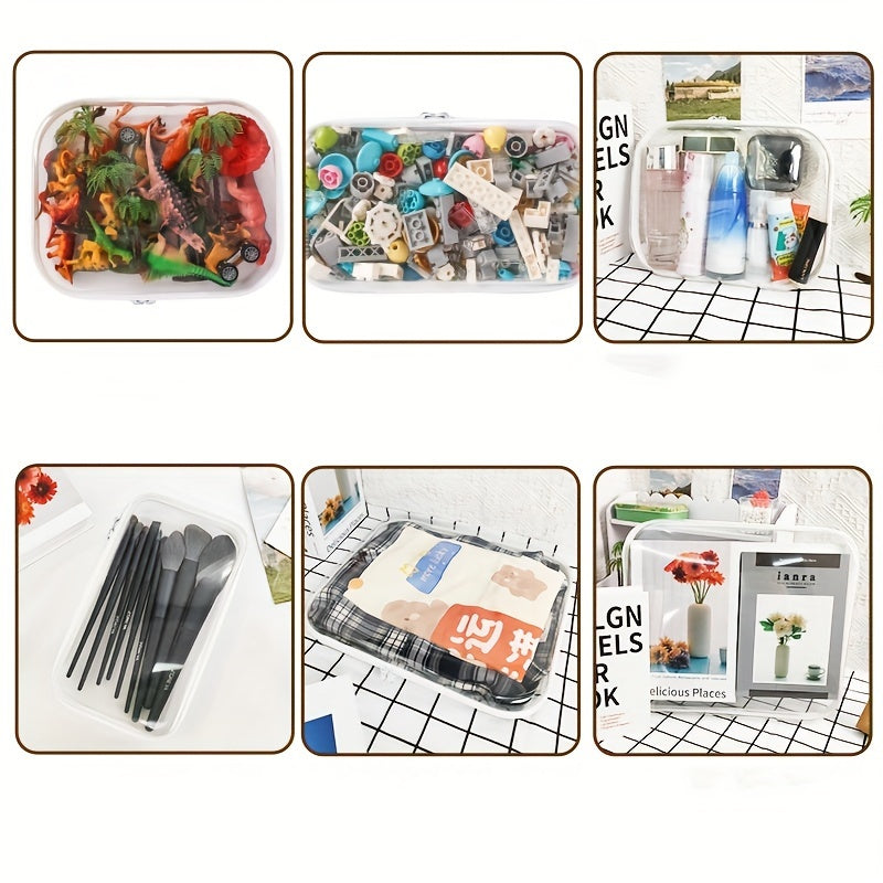 Contenitori di plastica trasparente con coperchio, contenenti giocattoli, mattoncini, posate nere, coperte e articoli per la casa. Organizzazione domestica.