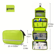 Borsa da toilette verde con gancio, scomparti multipli, dimensioni 23x8x15 cm chiusa, 70 cm aperta. Ideale per viaggi, organizer cosmetici.