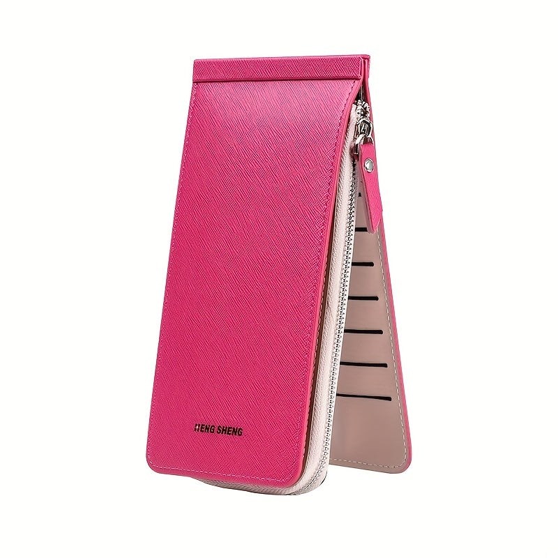 Portafoglio donna rosa in pelle sintetica, design verticale con zip, scomparti per carte. Elegante e pratico accessorio moda.
