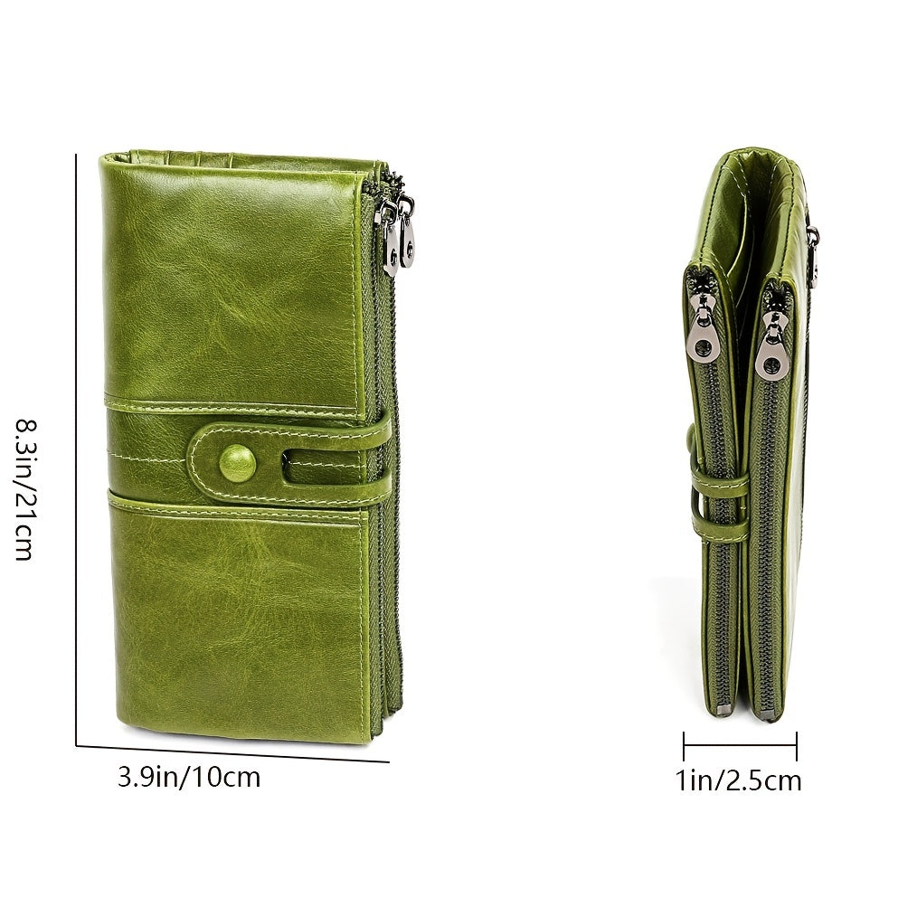 Portafoglio donna verde in pelle sintetica, design compatto con doppia cerniera, dimensioni 21x10x2,5 cm, ideale per carte e contanti.
