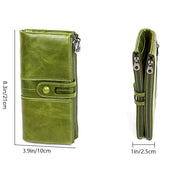 Portafoglio donna verde in pelle sintetica, design compatto con doppia cerniera, dimensioni 21x10x2,5 cm, ideale per carte e contanti.