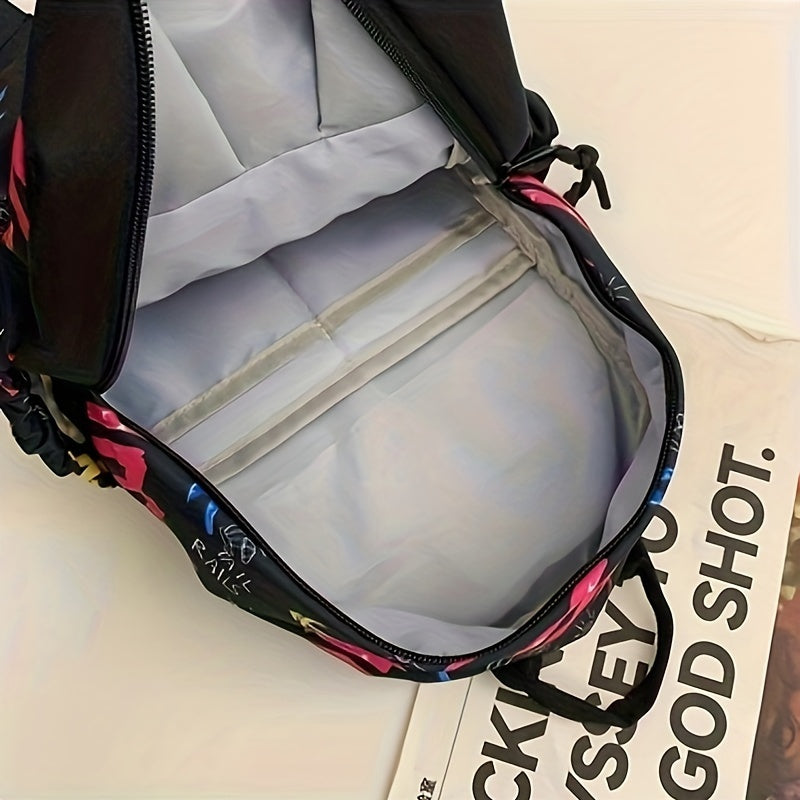 Zaino aperto con interno spazioso e tasche multiple, design floreale colorato. Ideale per scuola o viaggio. Accessorio moda pratico e versatile.