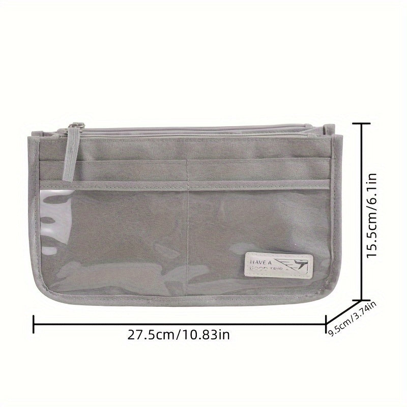 Organizzatore da viaggio grigio con tasche trasparenti, dimensioni 27,5x15,5x9,5 cm, ideale per accessori, cosmetici e documenti.
