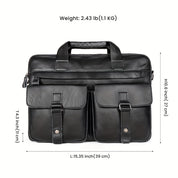 Borsa a tracolla in pelle nera con doppie tasche frontali, manici superiori, dimensioni 39x27x11 cm, peso 1,1 kg. Elegante e funzionale per lavoro.