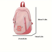 Zaino rosa per bambini, dimensioni 30x21x14 cm, con logo "S" rosso. Ideale per scuola e tempo libero. Design compatto e funzionale.