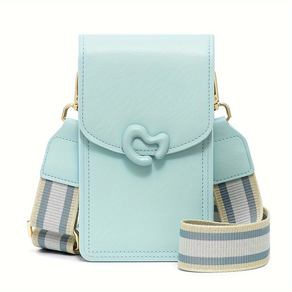 Borsa a tracolla in pelle azzurra con chiusura a forma di cuore, cinturino regolabile a righe. Accessorio moda elegante e pratico per ogni occasione.