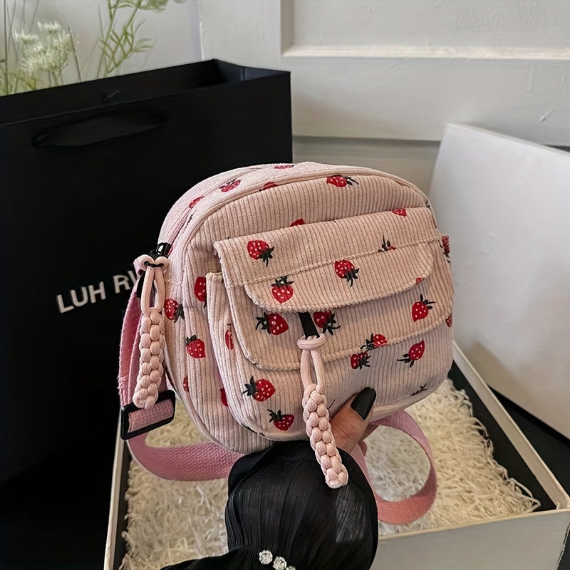 Zainetto rosa in velluto a coste con stampa fragole rosse, tasca frontale e manico intrecciato, posizionato in una scatola regalo elegante.