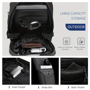 Zaino nero multifunzionale con tasche interne, slot per cinghie, tasca nascosta, ideale per outdoor, grande capacità, perfetto per laptop e accessori.