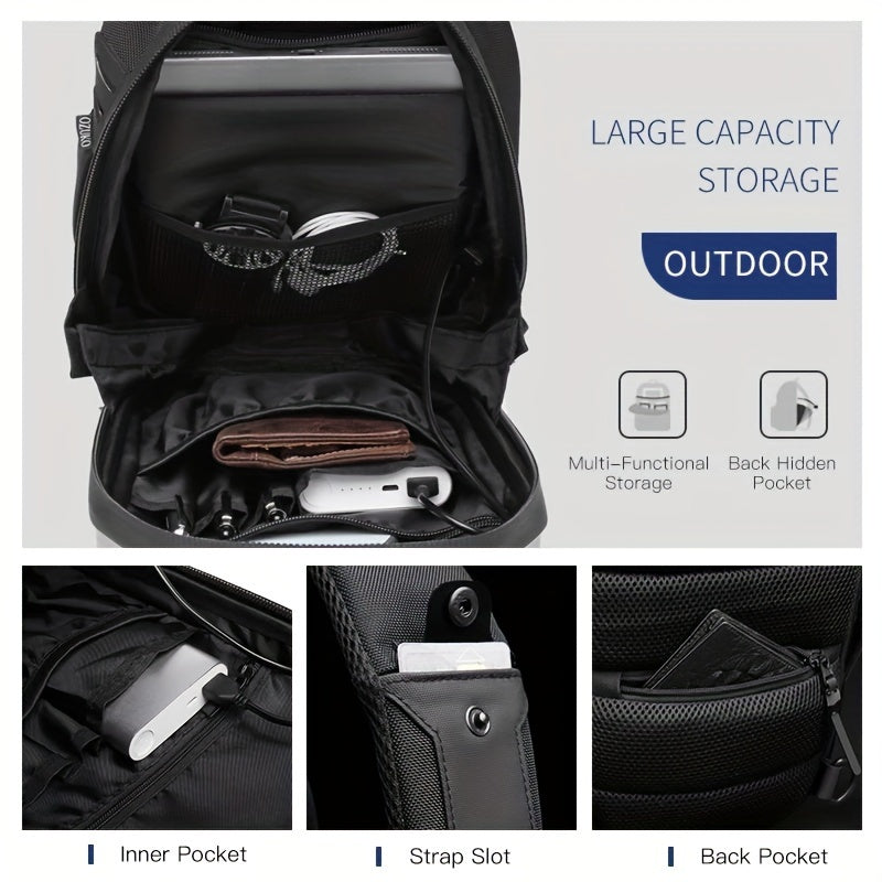 Zaino nero multifunzionale con tasche interne, slot per cinghie, tasca nascosta, ideale per outdoor, grande capacità, perfetto per laptop e accessori.