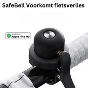 Campanello bici nero SafeBell con funzione anti-smarrimento, compatibile con Apple Find My, montato su manubrio con impugnatura grigia.