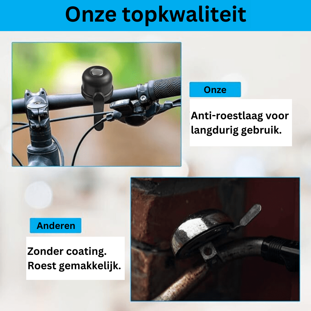 Campanello per bicicletta nero su manubrio, con rivestimento anti-ruggine per uso duraturo. Confronto con campanello arrugginito senza rivestimento.