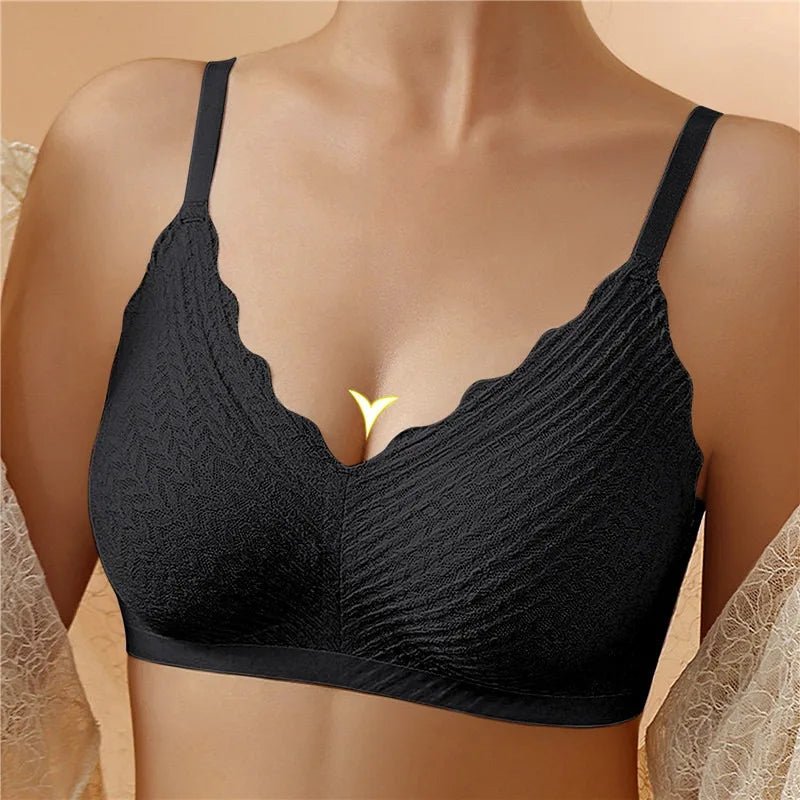Reggiseno nero senza ferretto, design a V con bordi ondulati, tessuto a trama, spalline regolabili. Intimo comodo e elegante per donna.