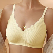 Reggiseno senza cuciture giallo chiaro, design a V, spalline regolabili, tessuto morbido e confortevole, ideale per supporto quotidiano.