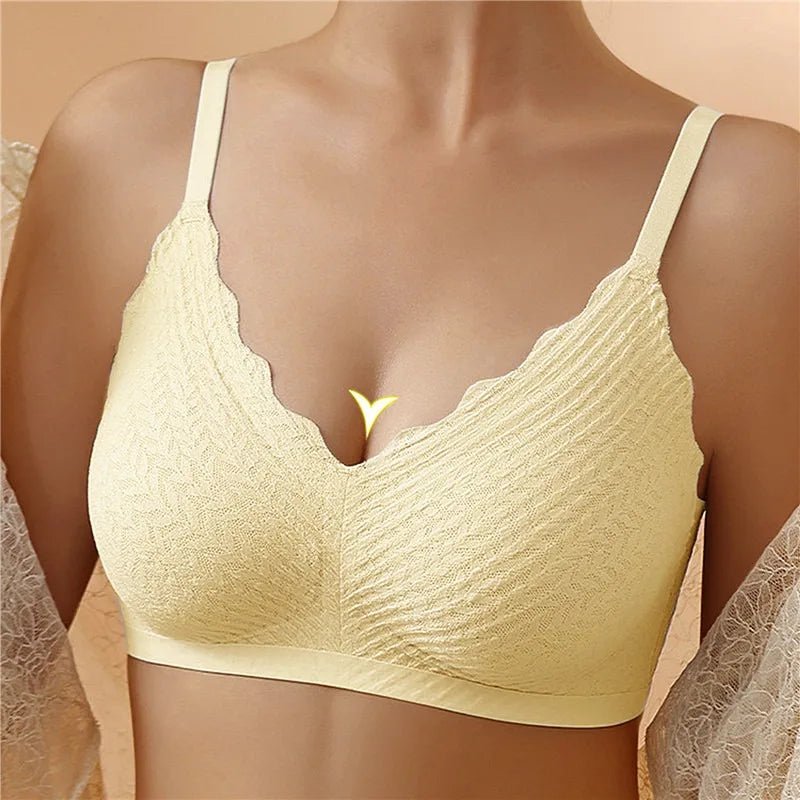 Reggiseno senza cuciture giallo chiaro, design a V, spalline regolabili, tessuto morbido e confortevole, ideale per supporto quotidiano.