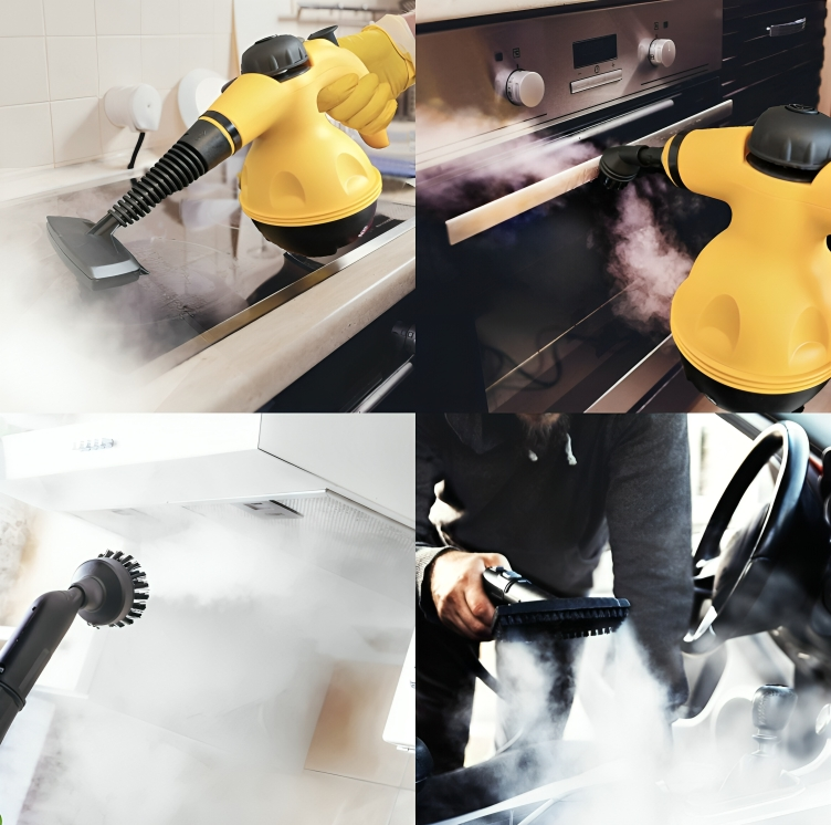 Pulitore a vapore portatile giallo, ideale per cucina, forno e auto. Efficace rimozione di sporco e grasso. Accessori inclusi.
