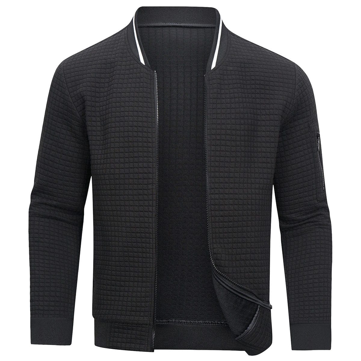 Giacca bomber nera trapuntata da uomo, design casual, chiusura con zip, colletto a costine, ideale per moda autunnale e invernale.