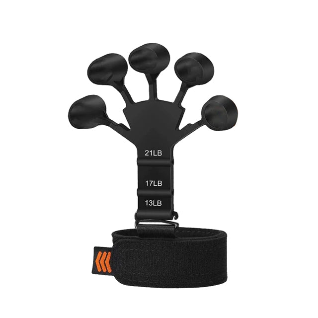 Dispositivo di allenamento per dita e mani, nero, con resistenze regolabili da 13LB a 21LB, ideale per musicisti e riabilitazione.