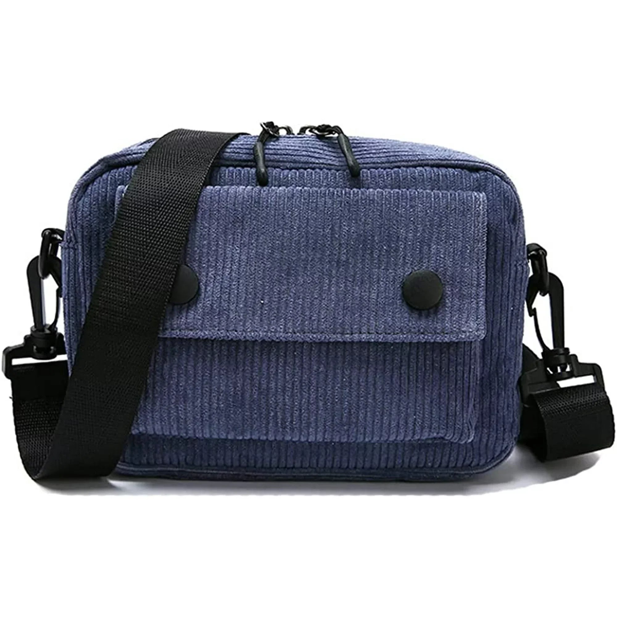 Borsa a tracolla in velluto a coste blu con tasca frontale e chiusura a bottoni, tracolla regolabile nera, stile casual e pratico per uso quotidiano.