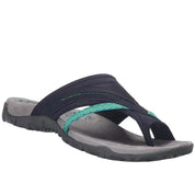 Sandalo infradito da donna in tessuto nero e verde, suola in gomma antiscivolo, design ergonomico, ideale per estate e spiaggia.