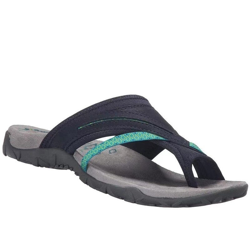 Sandalo infradito da donna in tessuto nero e verde, suola in gomma antiscivolo, design ergonomico, ideale per estate e spiaggia.