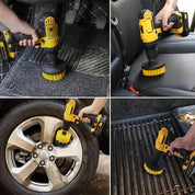 Trapano elettrico giallo con spazzola per pulizia auto, sedili, cerchioni e griglia barbecue. Accessorio versatile per manutenzione veicoli.