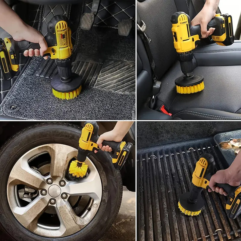 Trapano elettrico giallo con spazzola per pulizia auto, sedili, cerchioni e griglia barbecue. Accessorio versatile per manutenzione veicoli.