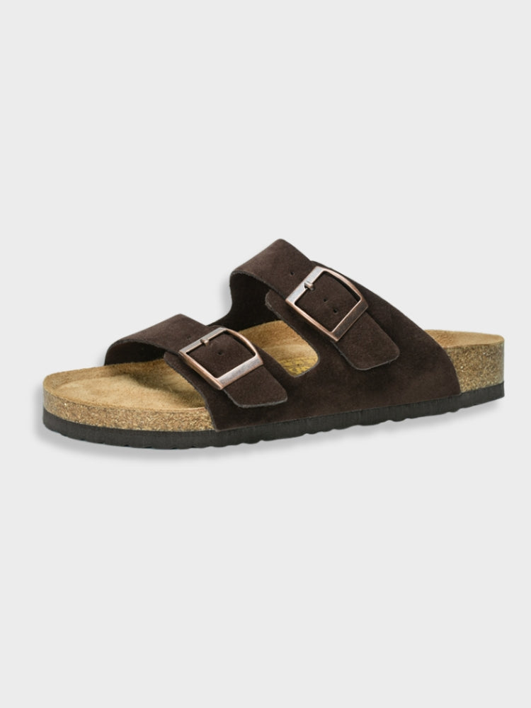Sandalo Birkenstock Arizona marrone scuro, doppia fibbia, suola in gomma, plantare ergonomico in sughero, calzatura estiva unisex comoda e casual.