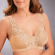 Reggiseno senza ferretto in pizzo beige, design elegante e confortevole, ideale per supporto quotidiano. Lingerie donna, moda intima.
