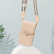 Borsa a tracolla beige in pelle sintetica con chiusura a cuore, cinturino regolabile a righe, design elegante e moderno, ideale per smartphone.
