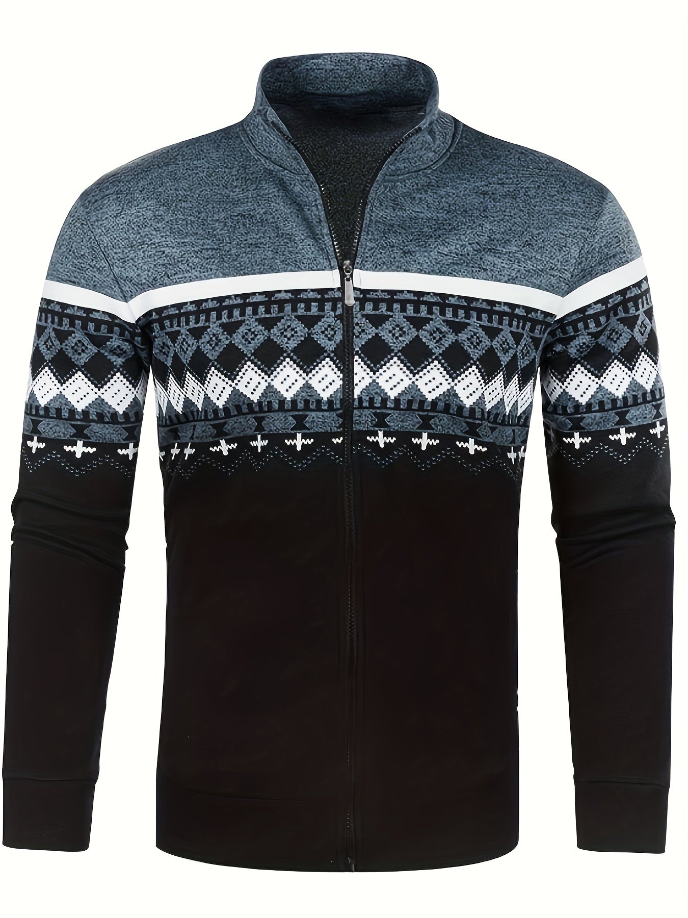Giacca uomo invernale con zip, motivo geometrico bianco e nero, collo alto, maniche lunghe, ideale per moda casual e abbigliamento caldo.