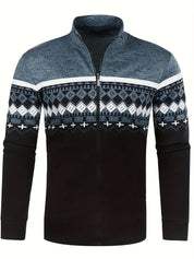Giacca uomo invernale con zip, motivo geometrico bianco e nero, collo alto, maniche lunghe, ideale per moda casual e abbigliamento caldo.