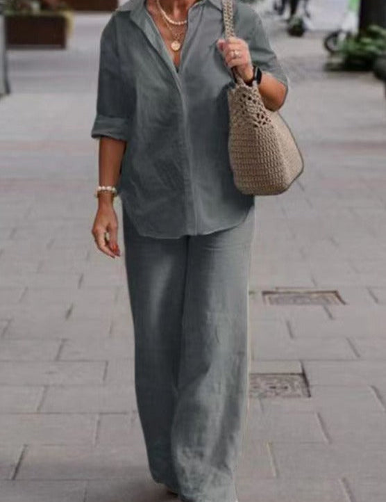 Livia - Elegantissimo Completo in Cotone: Camicia e Pantaloni Abbinati!