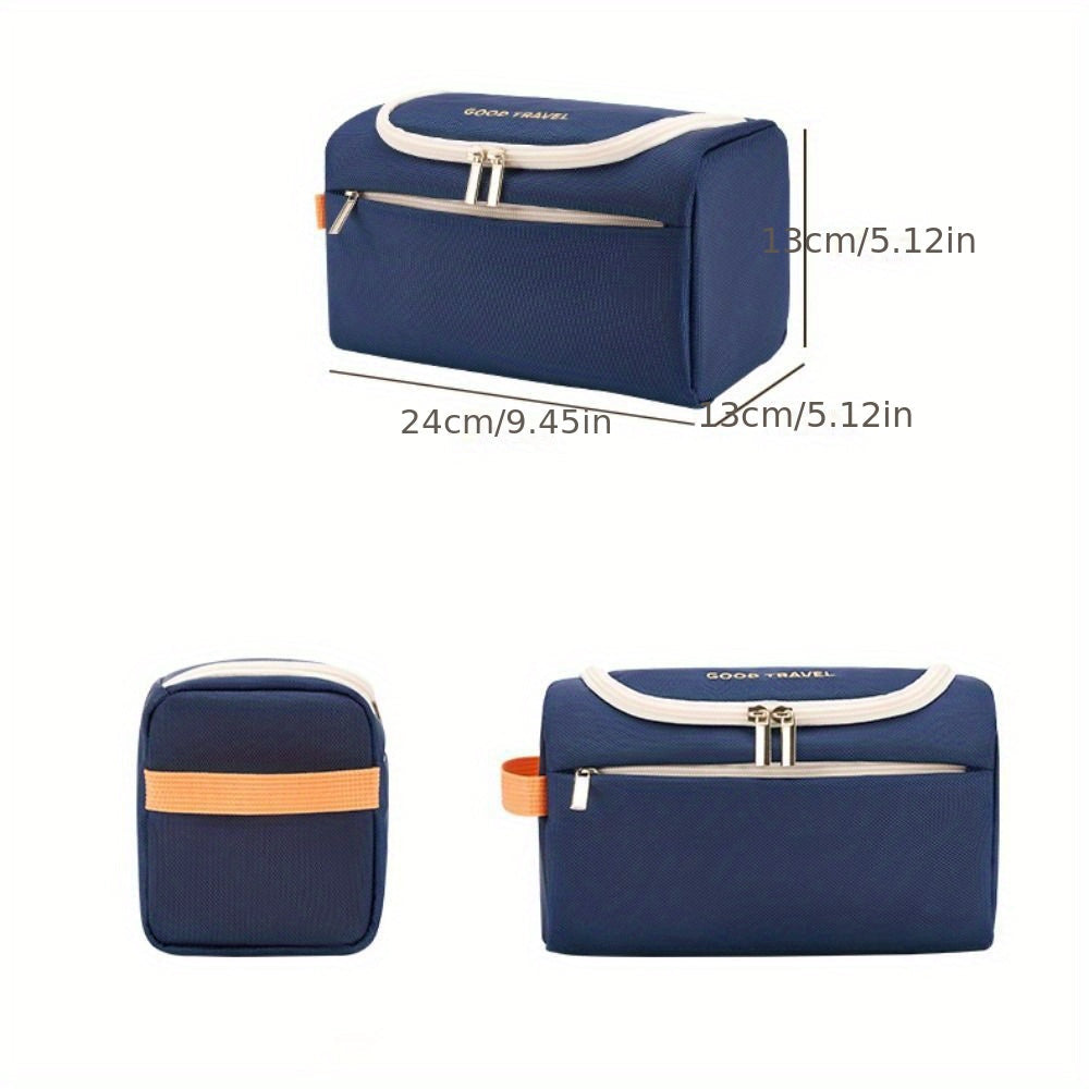 Borsa termica blu con cerniera, tasca frontale, manico arancione, dimensioni 24x13x13 cm. Ideale per pranzo, picnic, viaggio.