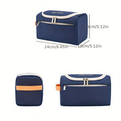 Borsa termica blu con cerniera, tasca frontale, manico arancione, dimensioni 24x13x13 cm. Ideale per pranzo, picnic, viaggio.