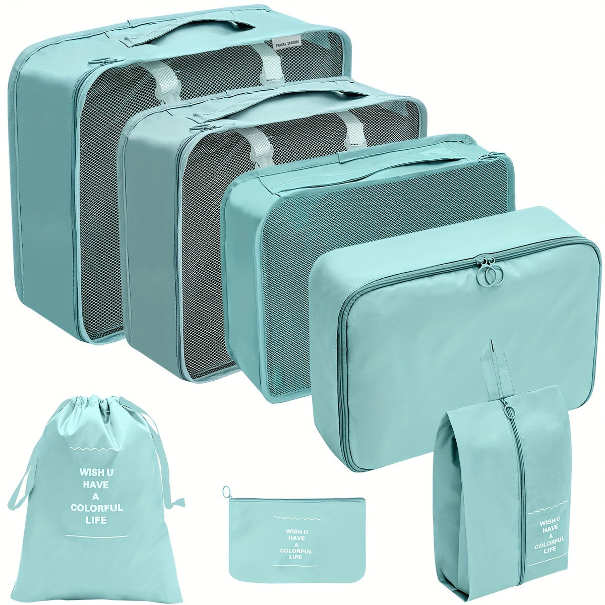 Set di organizer da viaggio in tessuto azzurro, include cinque borse di diverse dimensioni e una sacca, ideali per valigie e bagagli.