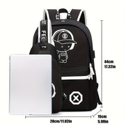 Zaino nero con stampa cartoon, dimensioni 44x28x15 cm, tasca frontale, spallacci regolabili. Ideale per scuola, laptop, viaggio.
