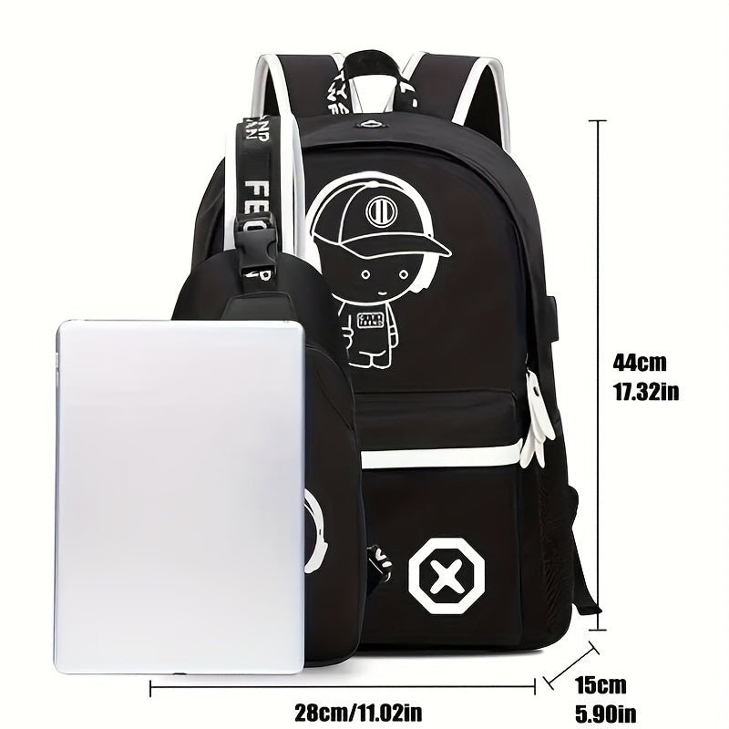 Zaino nero con stampa cartoon, dimensioni 44x28x15 cm, tasca frontale, spallacci regolabili. Ideale per scuola, laptop, viaggio.