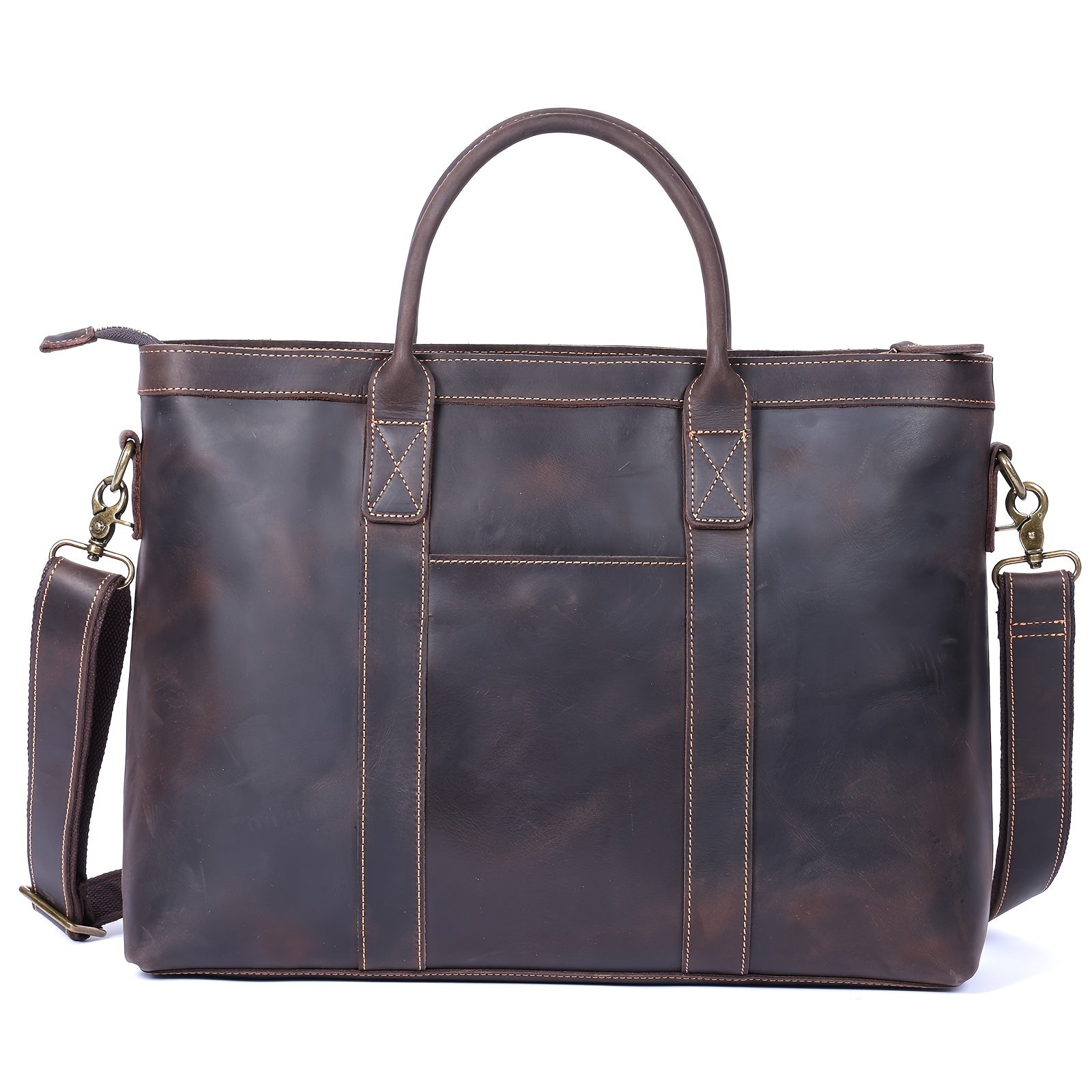 Borsa a tracolla in pelle marrone scuro, design elegante e spazioso, con manici robusti e tracolla regolabile. Ideale per lavoro e viaggio.